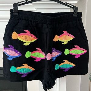 Queen of Sparkles XS Black & Neon Fish Gauze Shorts NWT